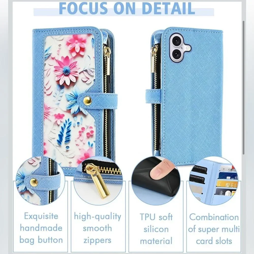iPhone 16 6.1” Case Wallet Case Floral Wristlet Blue Card Holder Phone FC7